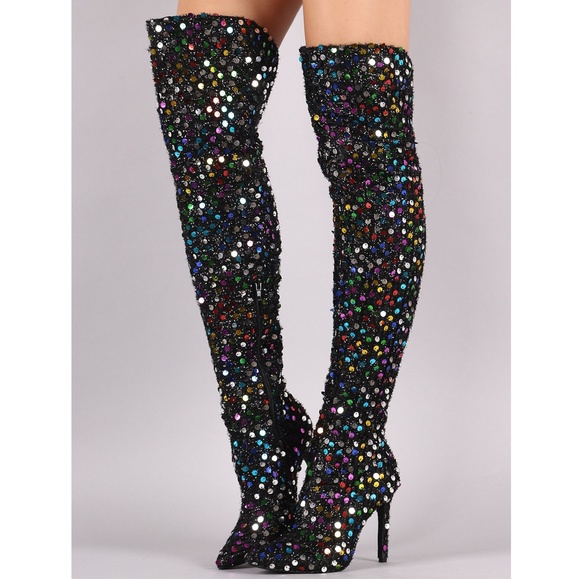 Sarah Siah Shoes - 𝙇𝙖𝙨𝙩 7.5 🖤💎Sequins Accent Stiletto Boot